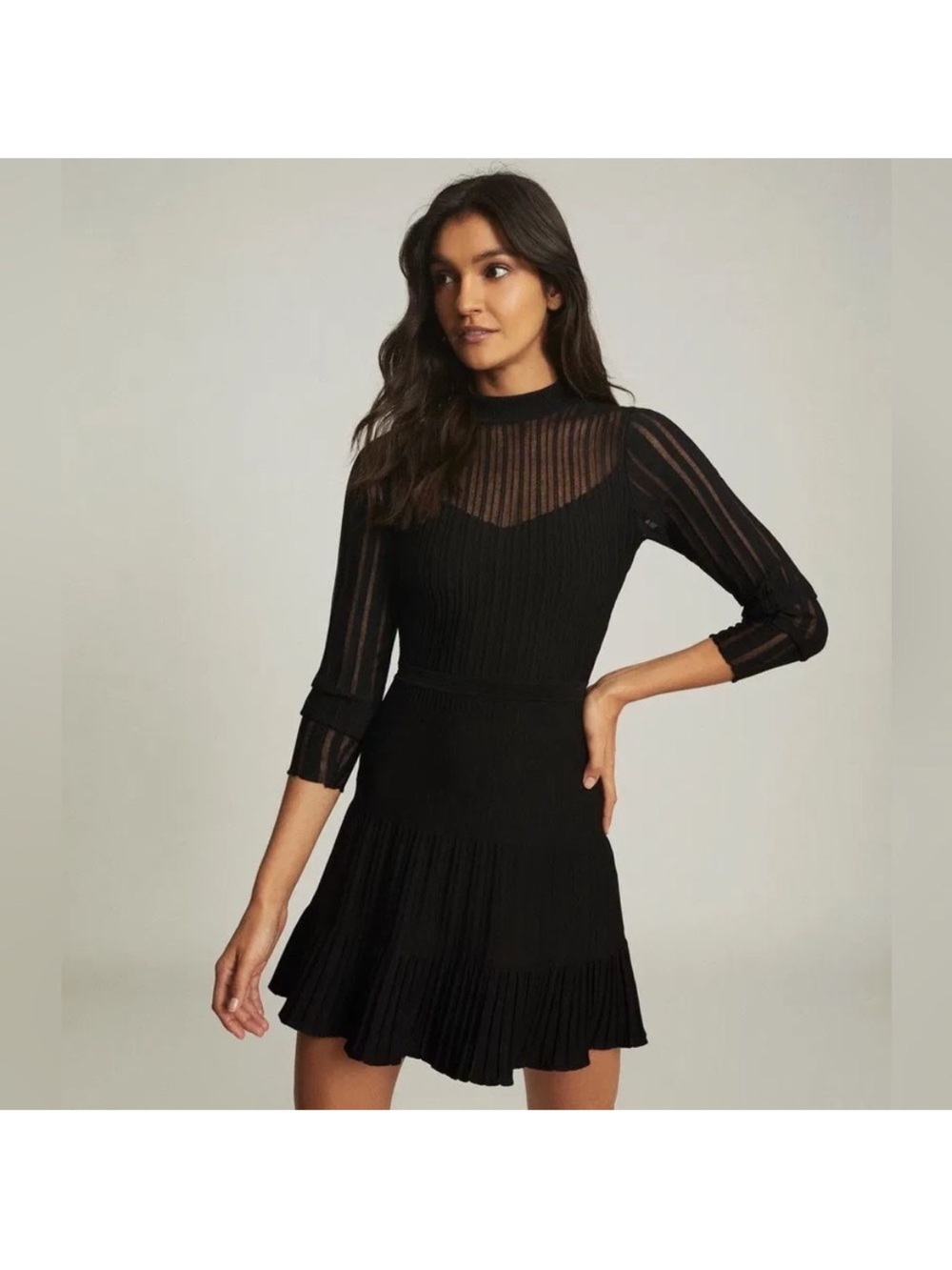 REISS Clemmy Black Pleated Long Sleeve A-Line Illusion Dress